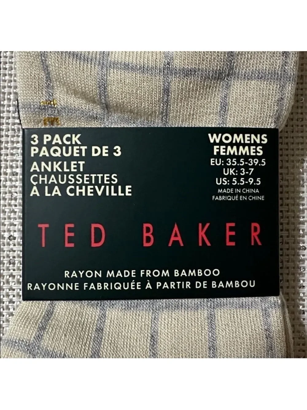 Ted Baker Gray Beige Plaid Black White Dress Crew Cut Bamboo Blend Socks 3 pack